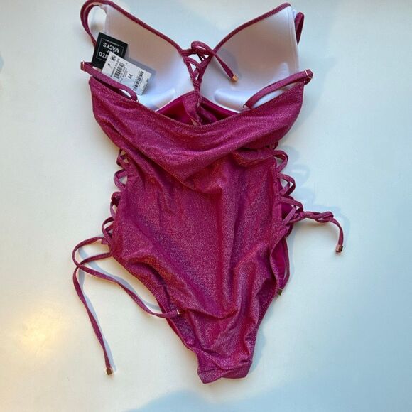 NWT Bar III Shimmer Lace-Up One-Piece Swimsuit, in shimmer pink Size M - Picture 6 of 8